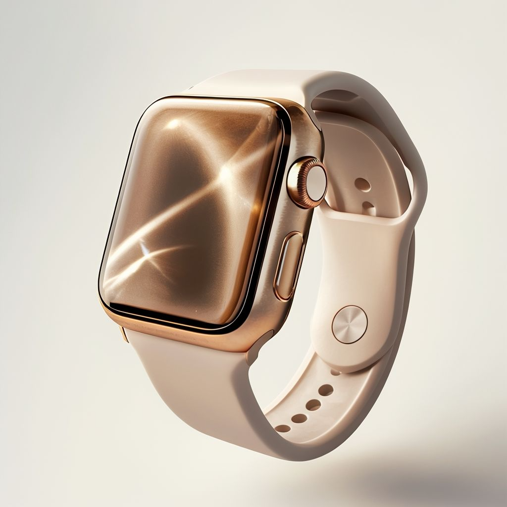 3d rendering of a gold apple watch on minimalistic background
